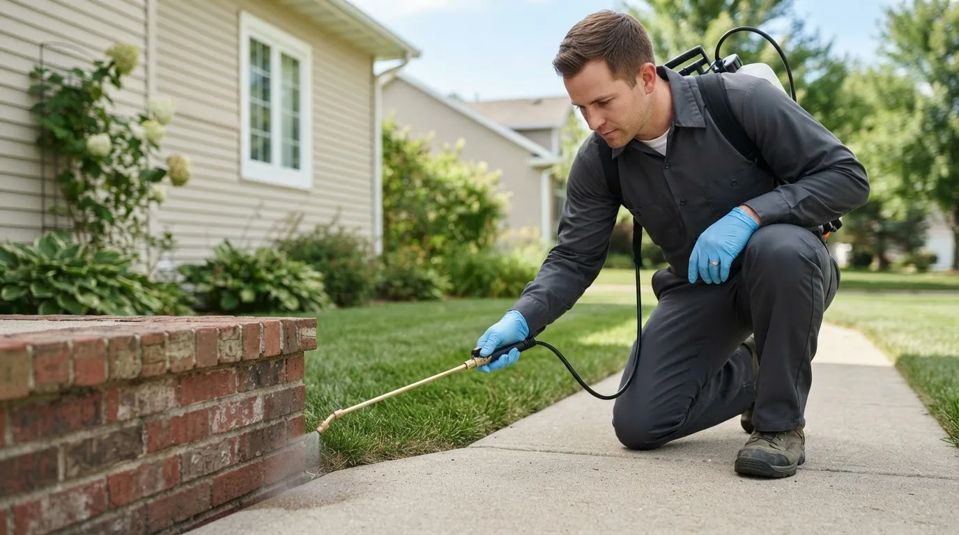 Pest control technician treating a home near Freeport, IL